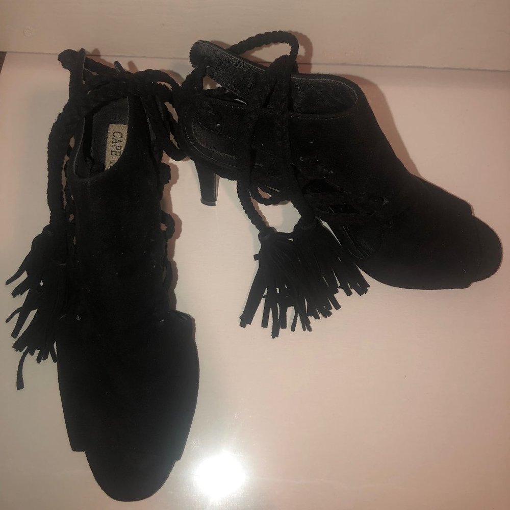 Cape Robbins Black Suede High Heels with Tassels